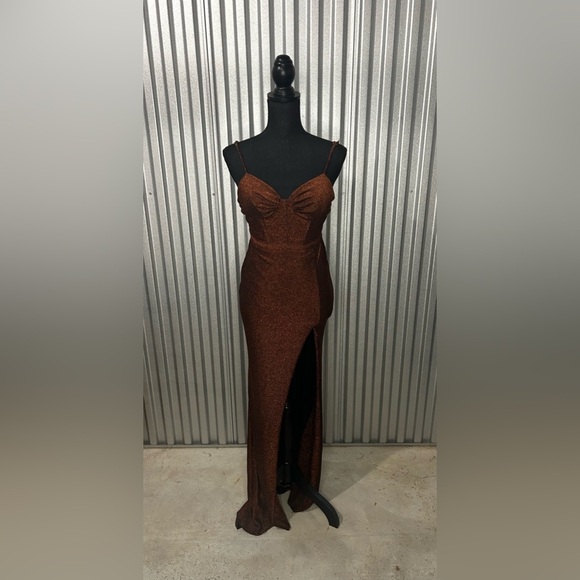 Women’s Jules & Cleo Design Nylon Metallic Spandex Orange Formal Maxi Slit Dress - Picture 1 of 9